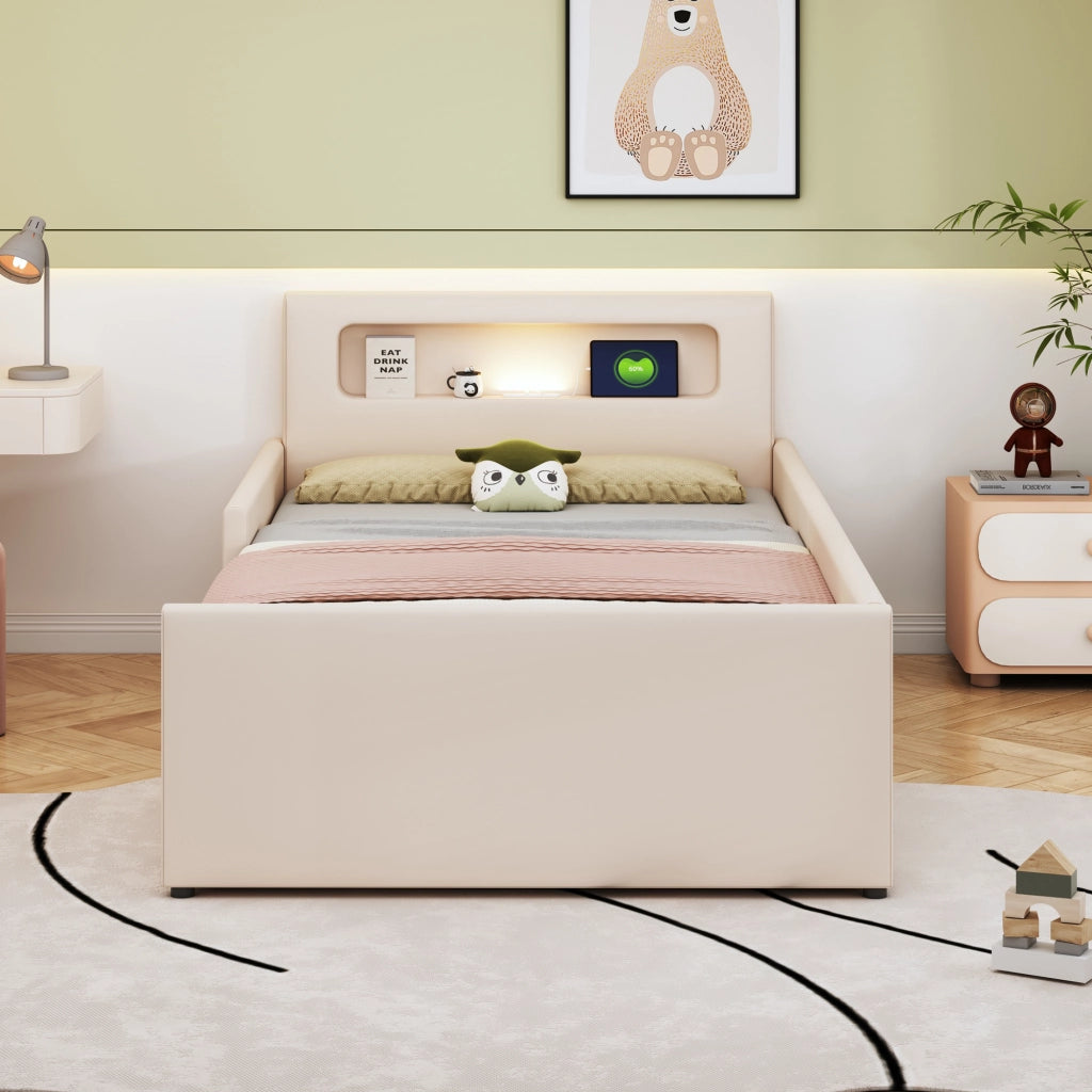 LETTO per bambini 90x200 cm beige in similpelle con USB, luce notturna e cassetti