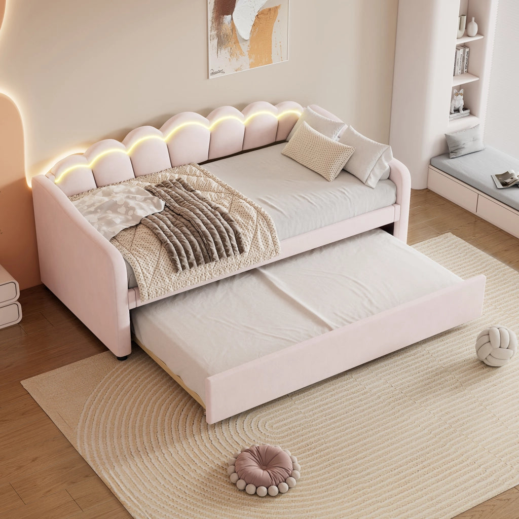OKWISH Letto a Scomparsa 90×200 cm, Letto Singolo con Letto Estraibile, LED Regolabile e Telecomando, senza Materasso, Velluto, Rosa