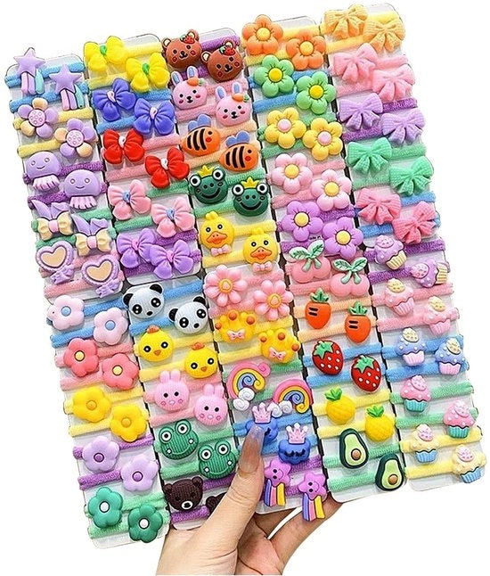Set di 100 fascette per bambine - Bows morbidi e senza nodo con disegni di fiori e panda