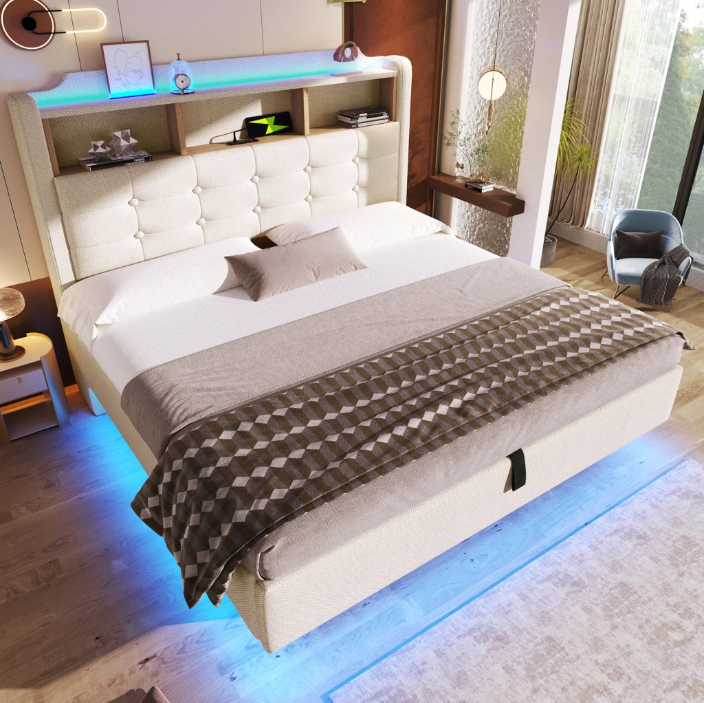 Letto imbottito 140x200 cm con contenitore idraulico e LED beige