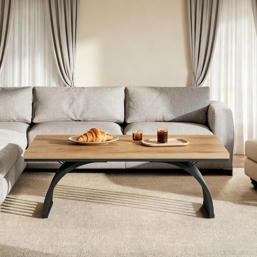 Tavolino da salotto con piano da 120 cm e struttura in metallo; design aperto per soggiorno; nero e marrone