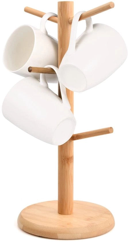 Sostegno per tazze in legno, bambù, becheriere in legno, stantuffo per pretzel, hanger per tazze, becheriere, sostegno per bicchieri, hanger per bicchieri, sostegno per bicchieri in legno con 6 ganci per lavanderia (rond)