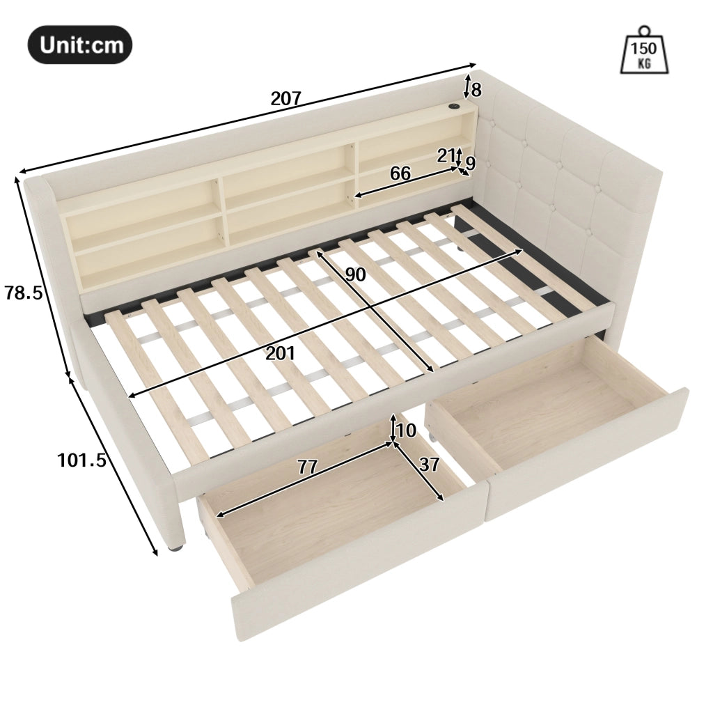 Letto daybed 90x200 cm in lino beige con 2 cassetti e porte USB