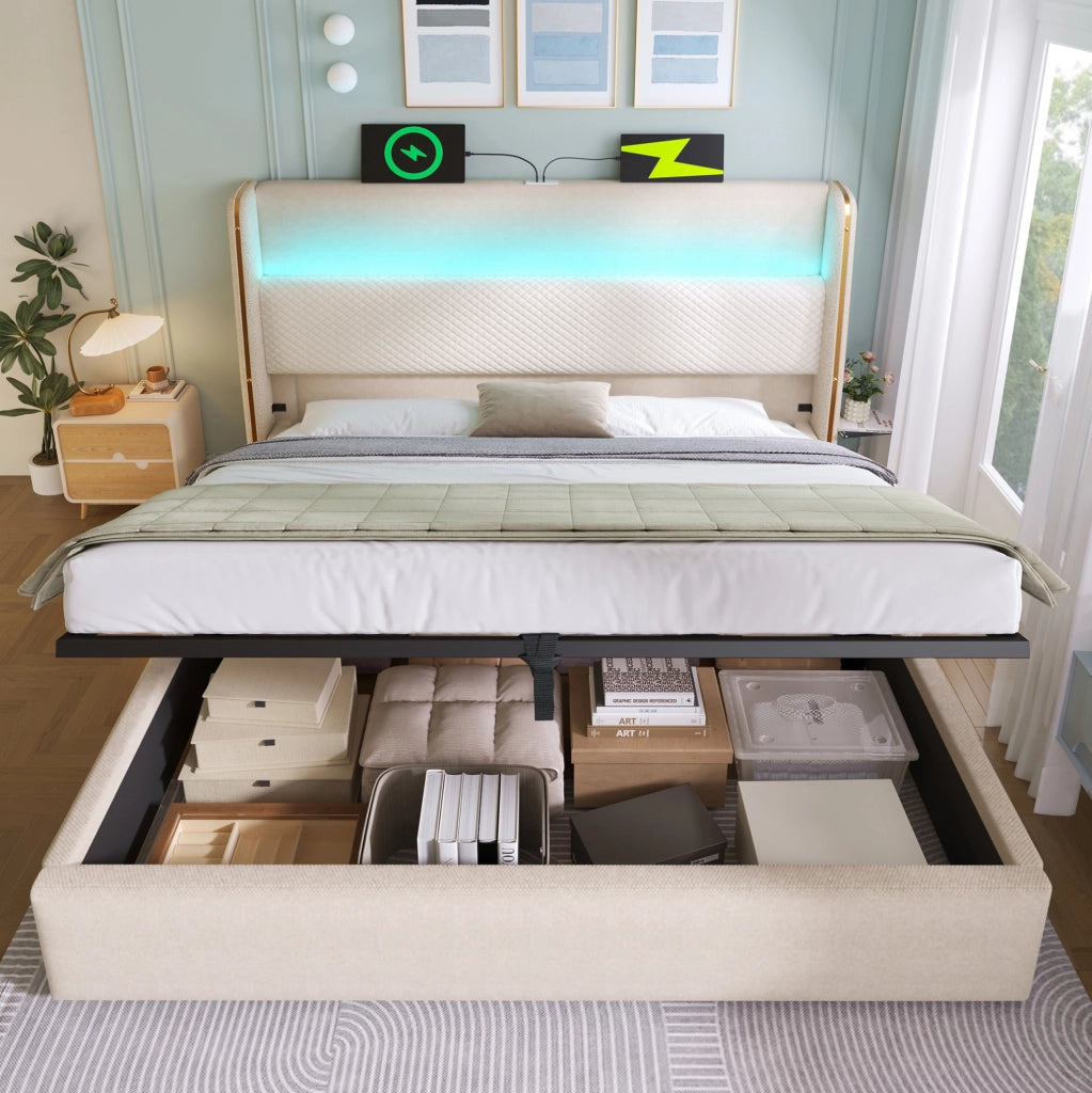 Letto matrimoniale idraulico con testiera alta, LED e porte USB/Type-C