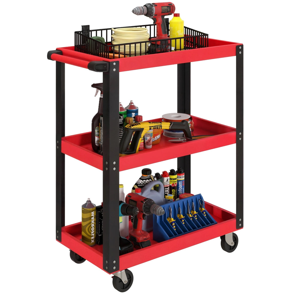Carrello per Attrezzi con 3 Ripiani e Ruote ¨C zephmum ¨C Rosso e Nero