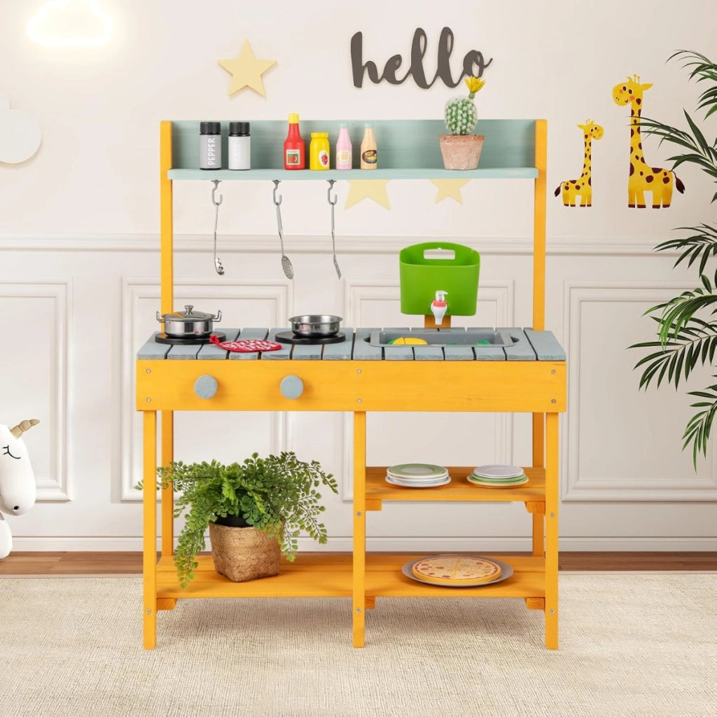 Cucina per bambini da esterno con serbatoio d'acqua, Cucina giocattolo con rubinetto realistico e accessori per giardino-Cucine giocattoli