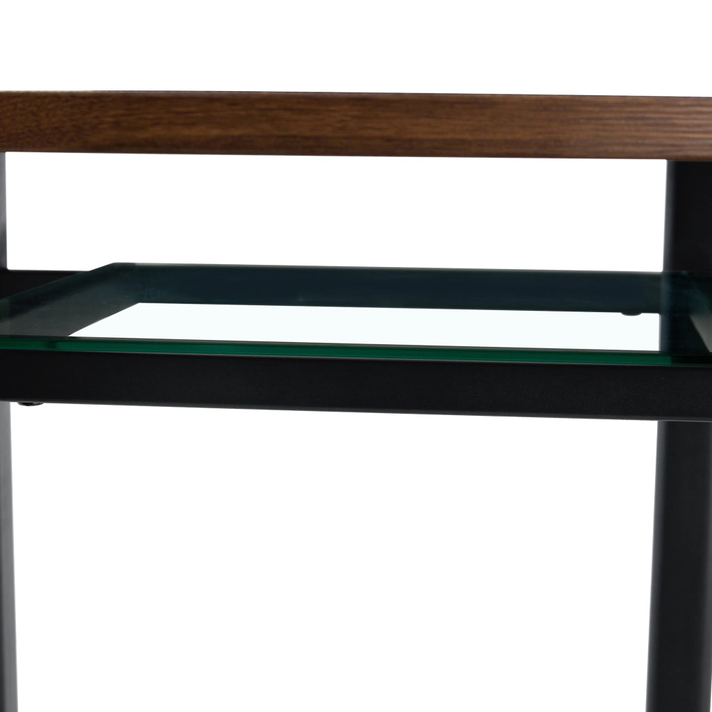 Tavolo rotondo 100 cm con piano in MDF effetto legno, inserto in vetro e struttura in metallo, 4-6 posti