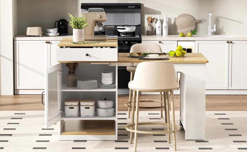 Tavolo allungabile con cassetto, vani contenitore e prese integrate per cucina e sala da pranzo, bianco e naturale