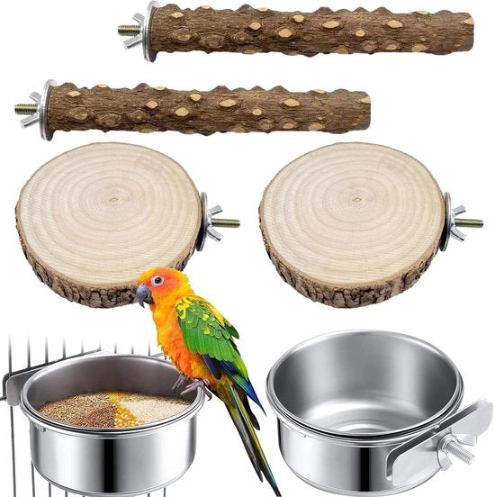 Set di Beccucci per Uccelli da 6 - Beccucci in Legno Naturale - Ciotole in Acciaio Inossidabile - Accessori per Voliere - Installazione Facile - Sostenibile e Sicuro - Beccucci per Uccelli