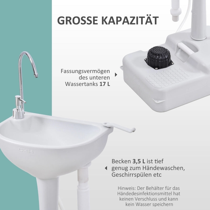 Lavabo, lavabo per lavarsi le mani, lavabo mobile, portatile, con ruote, 51 cm x 33,5 cm x 103 cm, bianco