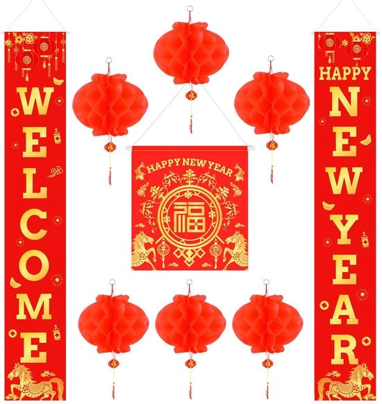 Lanterne Rosse Cinesi - Decorazione Cinese Capodanno - Anno dell'Asino - Poliestere e Carta - 6 Pezzi e 2 Couplets