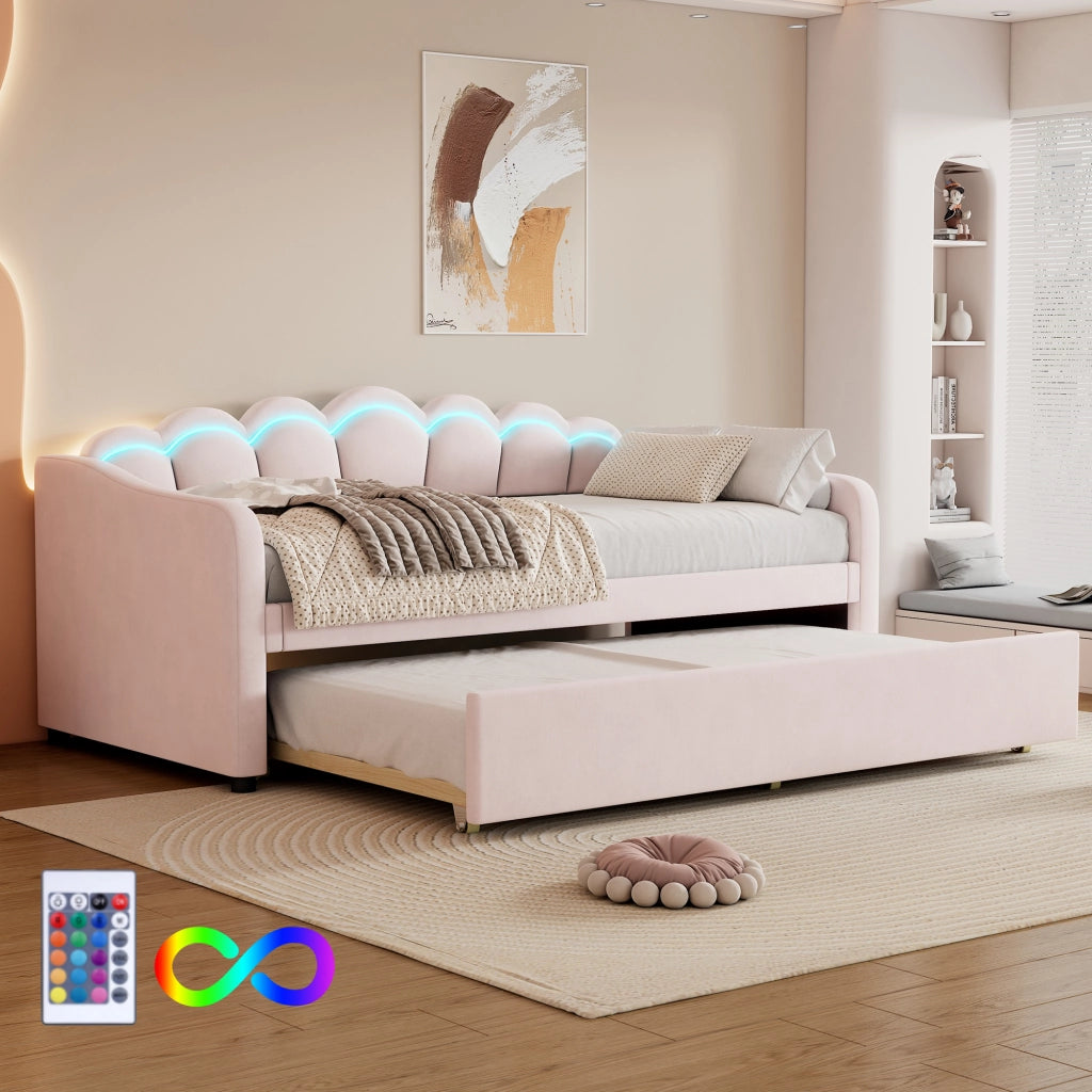 OKWISH Letto a Scomparsa 90×200 cm, Letto Singolo con Letto Estraibile, LED Regolabile e Telecomando, senza Materasso, Velluto, Rosa