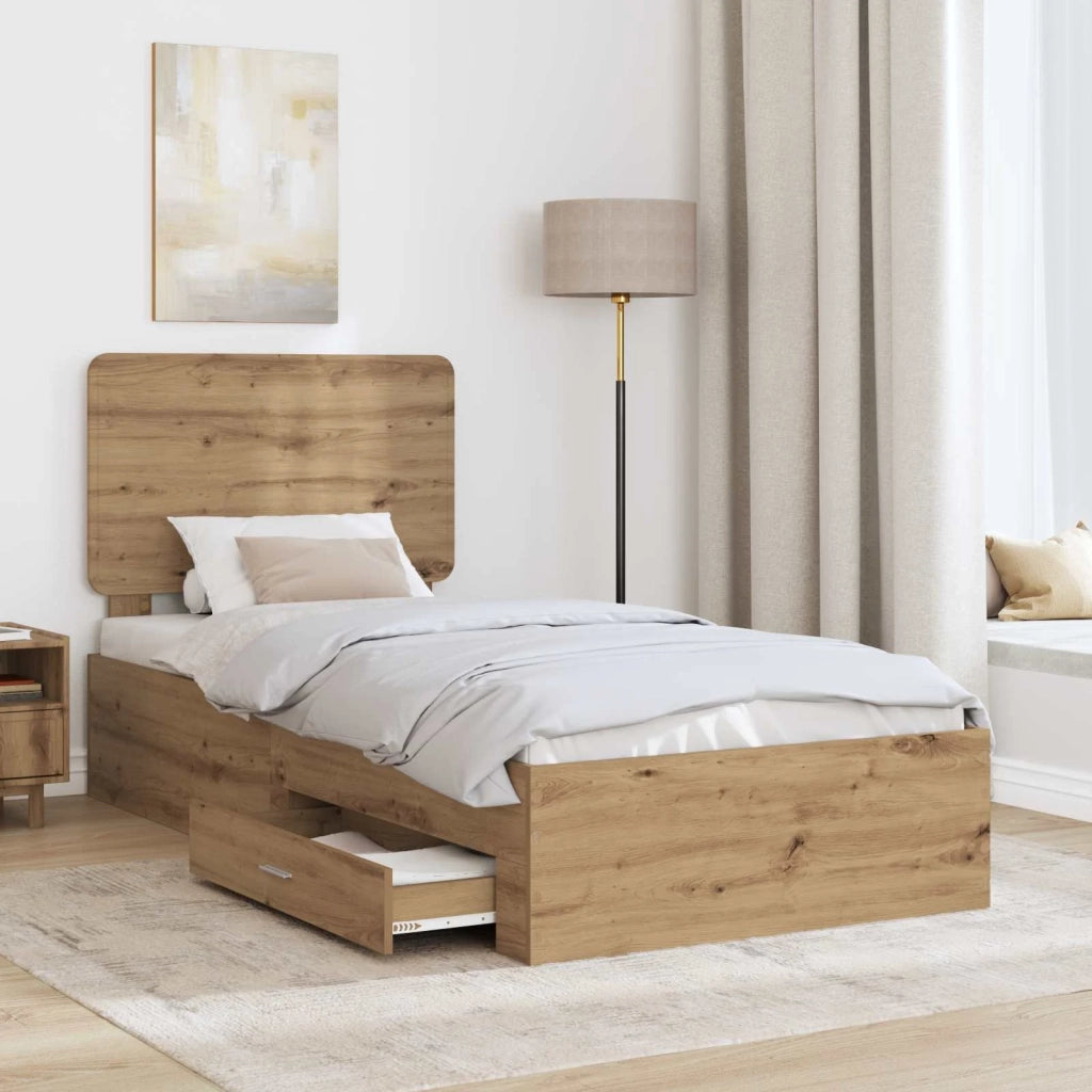 Letto singolo | Letto per adulti | Struttura del letto con testiera Rovere artigianale 90 x 190 cm