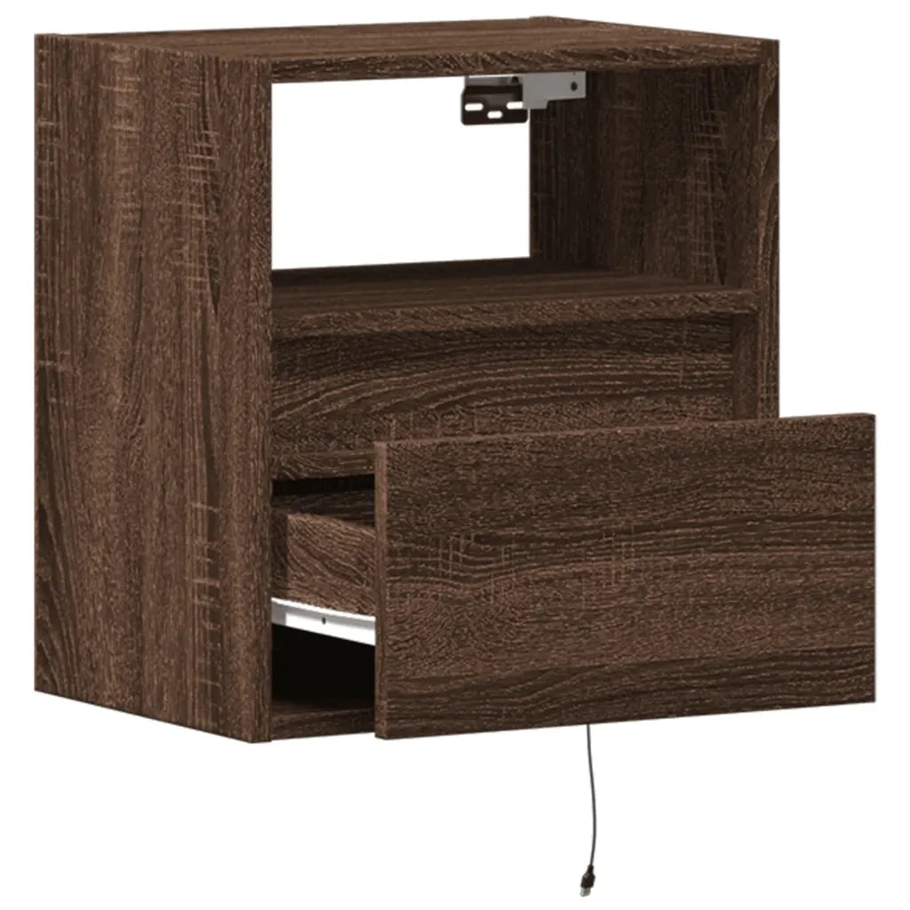 Set di 2 Comodini | Armadio da Notte | Mobiletto da notte a Parete con luci LED Rovere Marrone