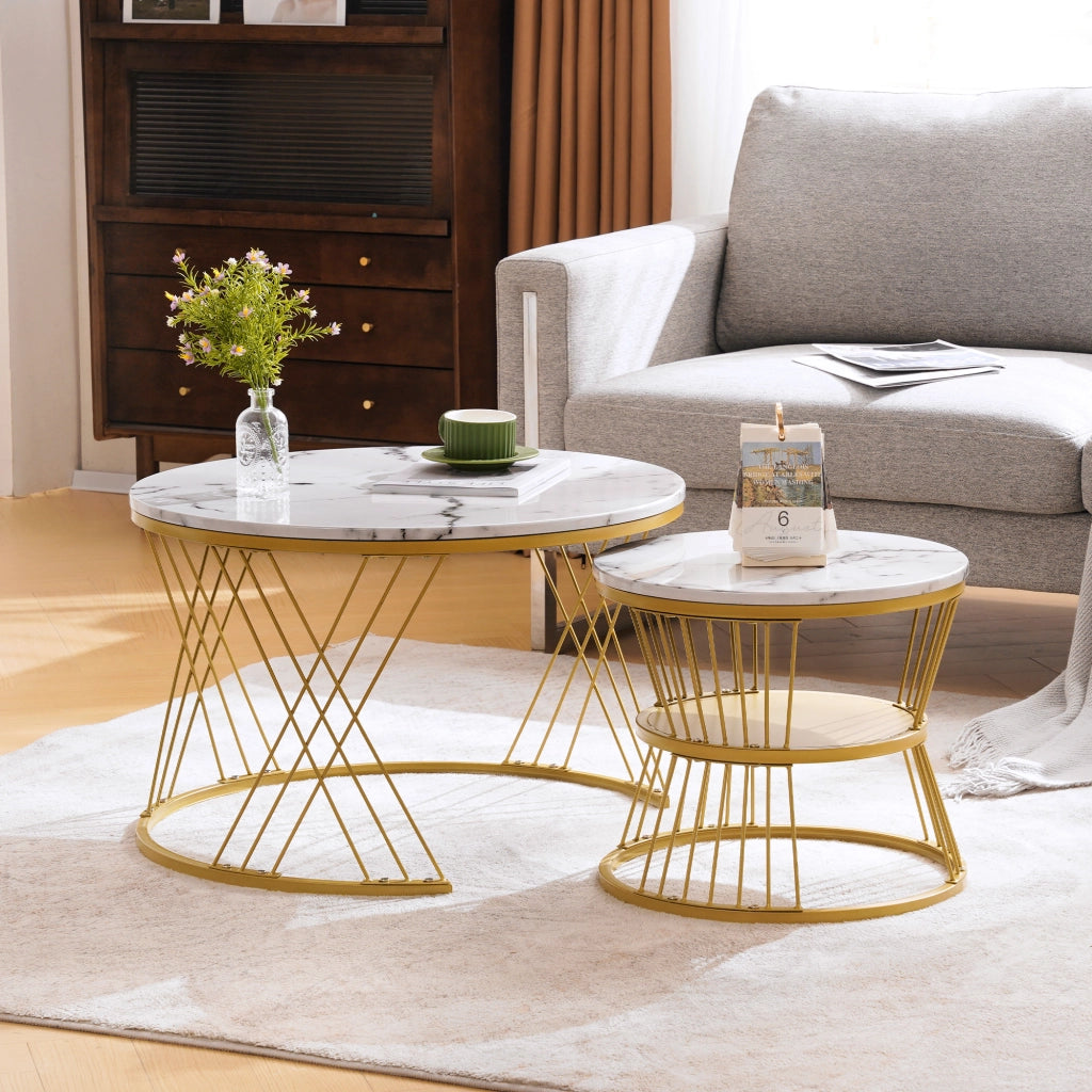 OKWISH Tavolini Bassi Impilabili Rotondi con 2 Piani, Piedini Regolabili, Finitura Lucida, per Soggiorno, MDF, Bianco