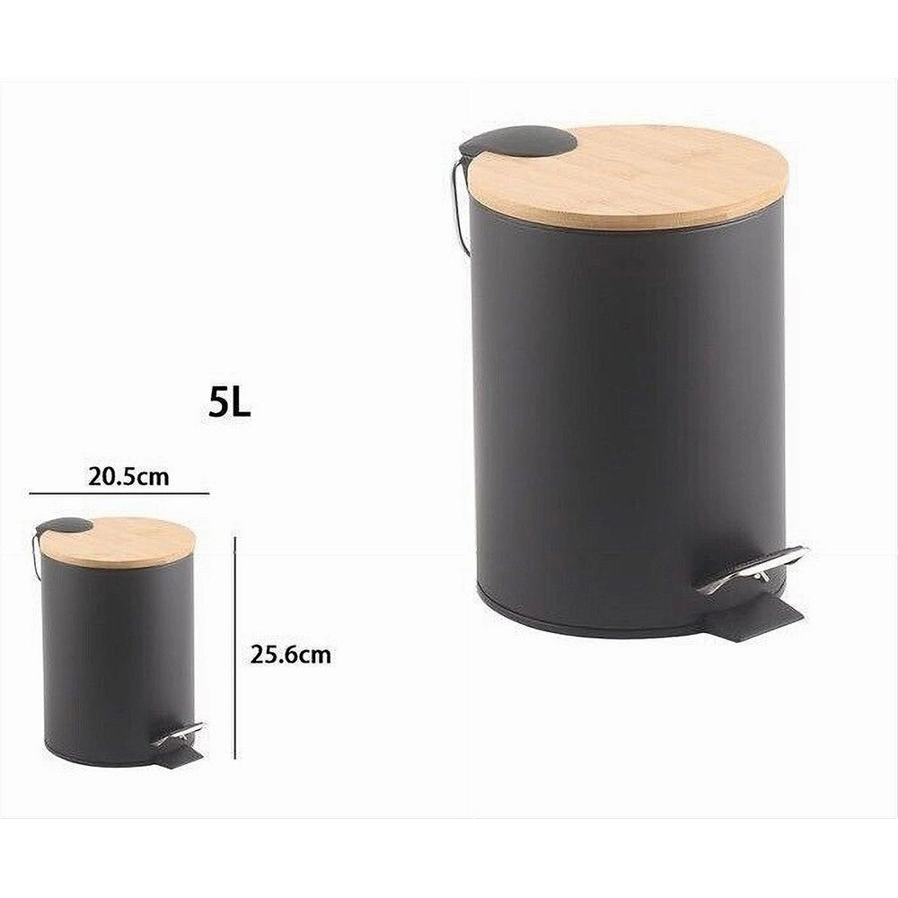 Trade Shop - Pattumiera Acciaio A Pedale 5 Litri Bidone Cestino Spazzatura Nero Legno 87458 -