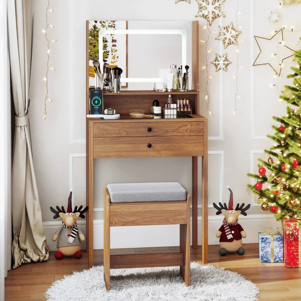 Piccolo tavolo da trucco con 3 modalit¨¤ di illuminazione e sgabello imbottito, Toeletta con specchio e luci Legno naturale-Tavoli da trucco