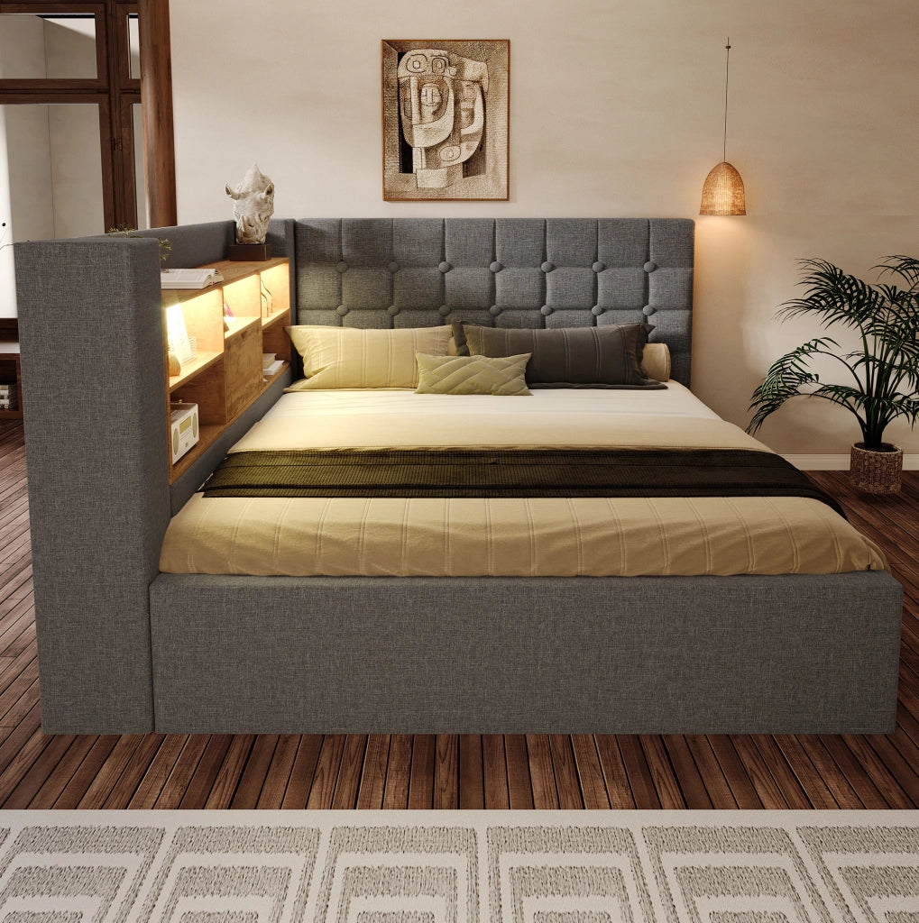 Letto imbottito 140x190 cm con LED, contenitore idraulico e testiera L reversibile