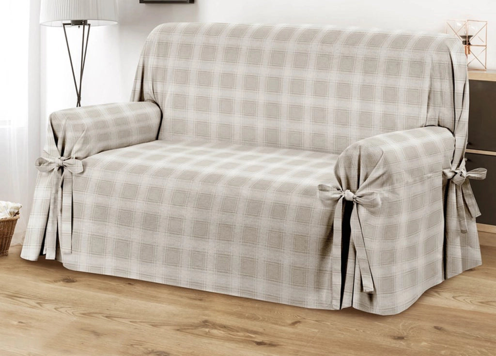 Copridivano Fodera Telo Protezione Divano Con Laccetti Fiocco Varie Fantasie - 3 Posti - Scozzese Beige