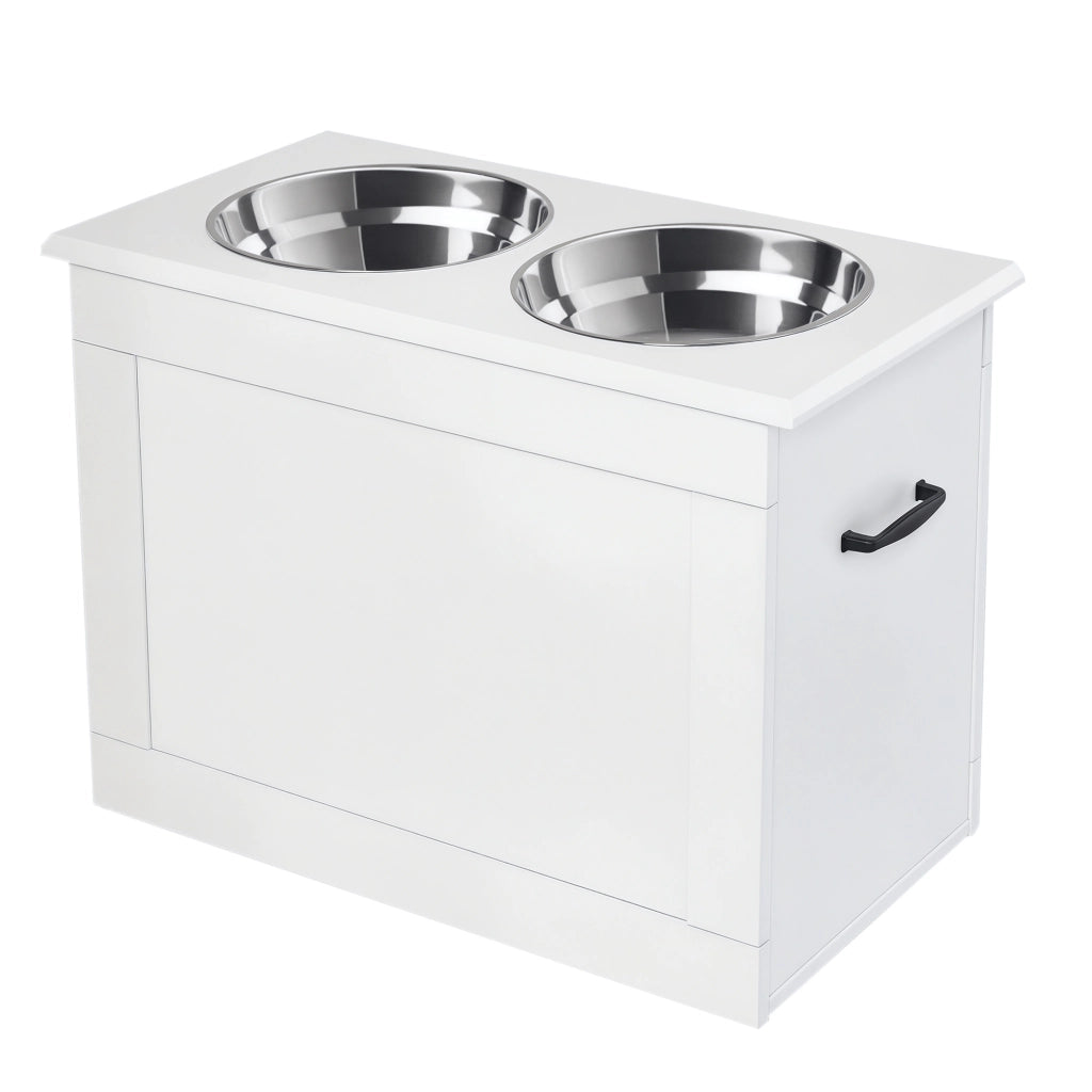 Tavolo per cani con ciotole in acciaio inox e spazio di stoccaggio ¨C Minimal ¨C 60x30x41 cm bianco