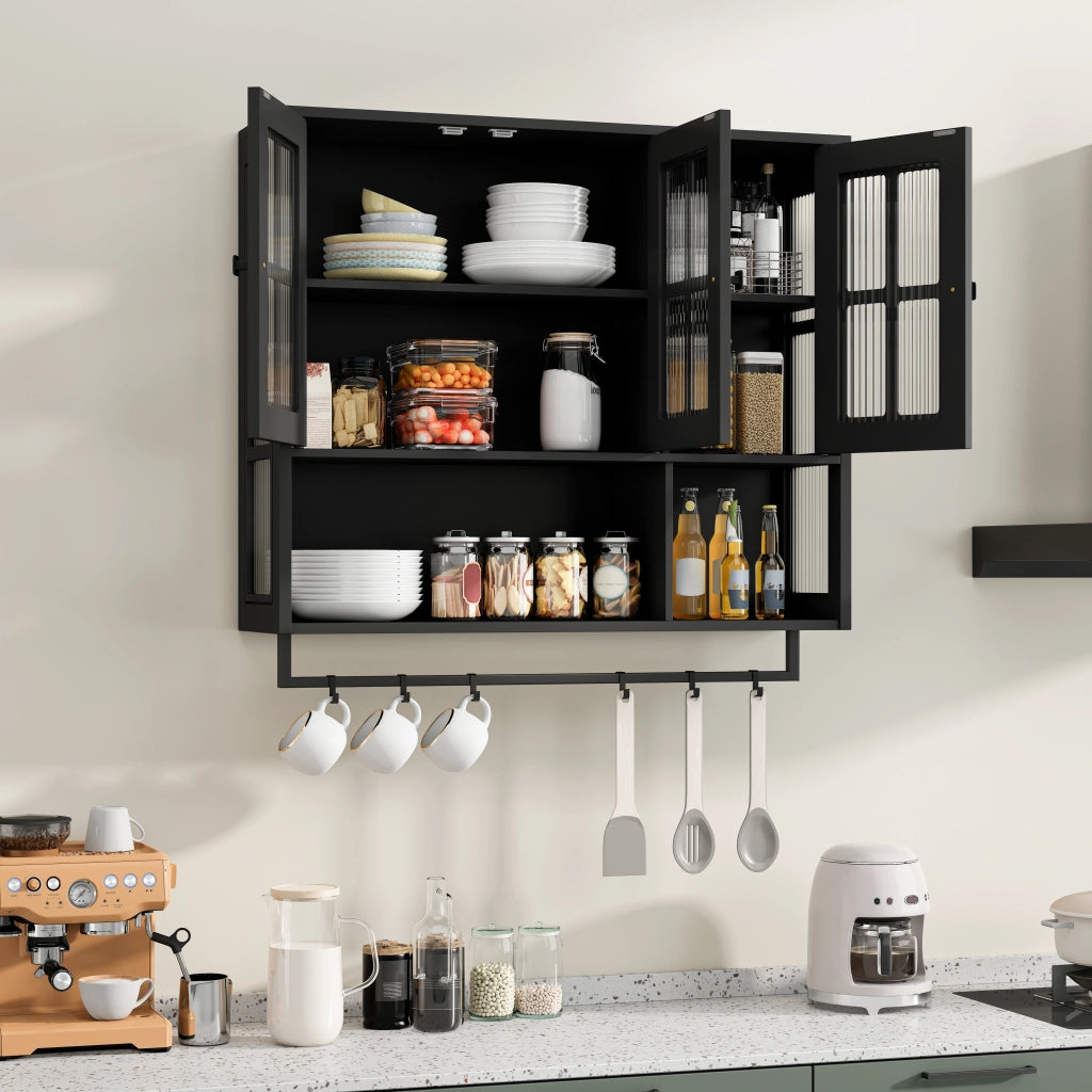 Mobile pensile da bagno moderno a 3 ante in MDF e vetro temperato, nero, con portasciugamani e ripiani regolabili