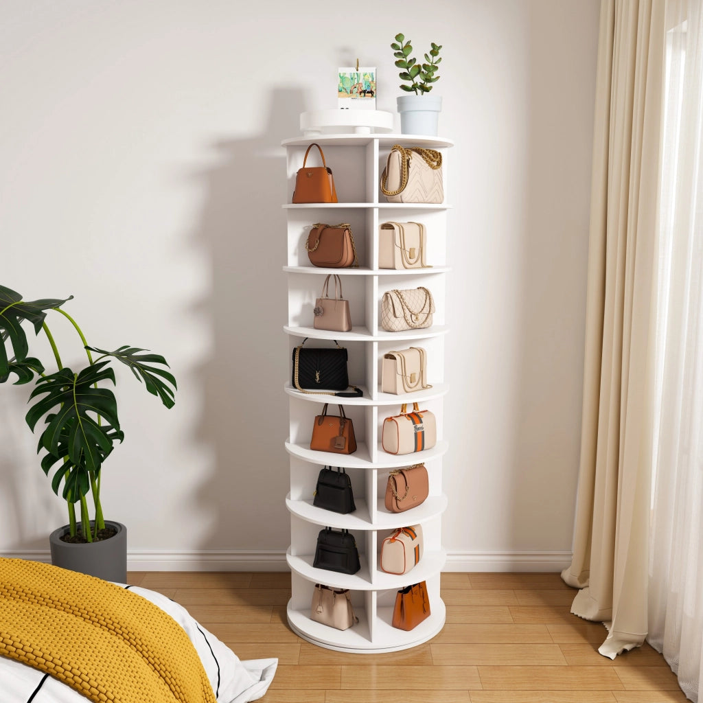 Scarpiera girevole con 8 ripiani per 32 paia di scarpe; in pvc; bianco; per ingresso; 60×60×184 cm