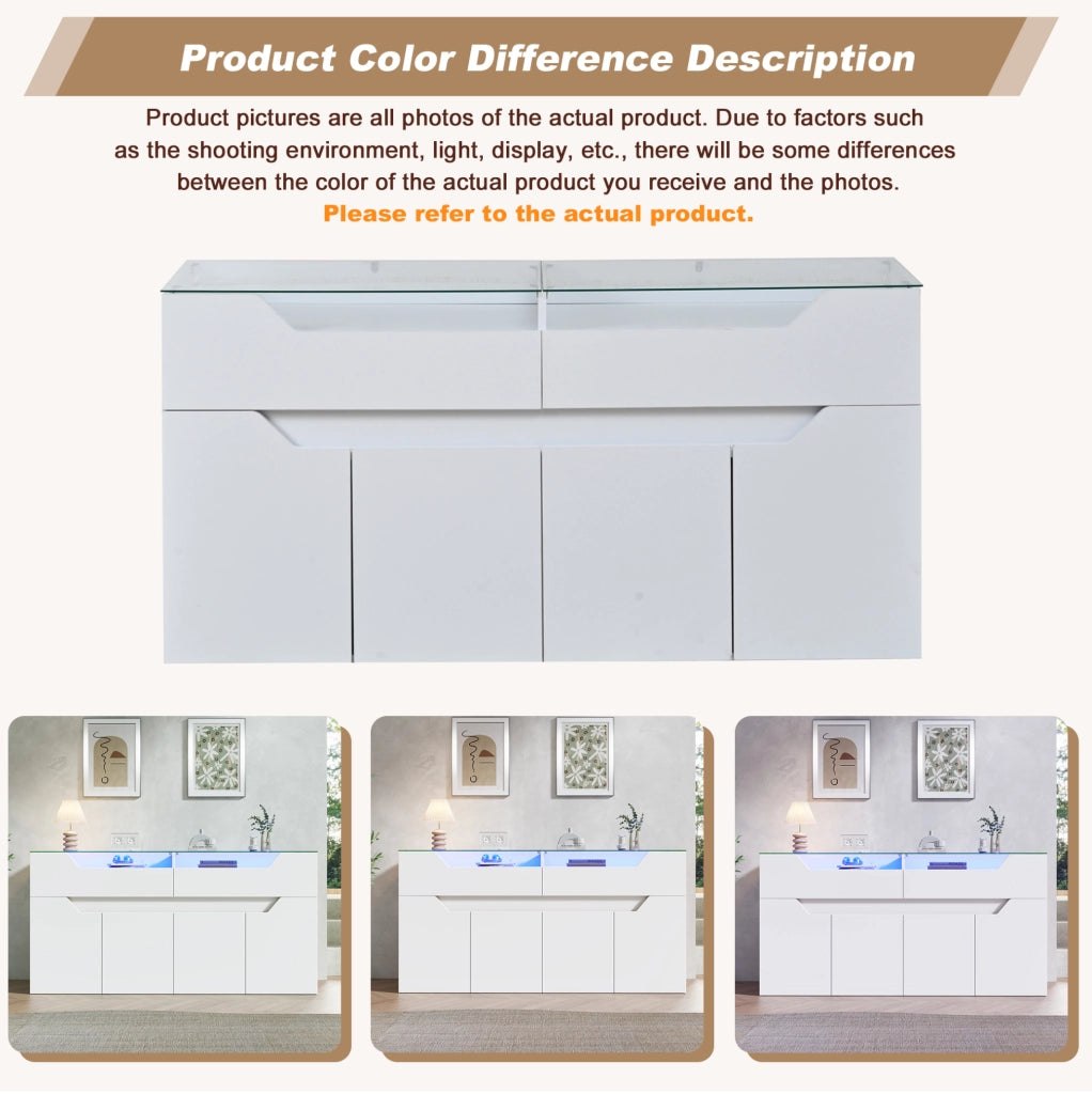 Credenza sideboard 140x40x70 cm in MDF bianco con piano in vetro temperato e LED