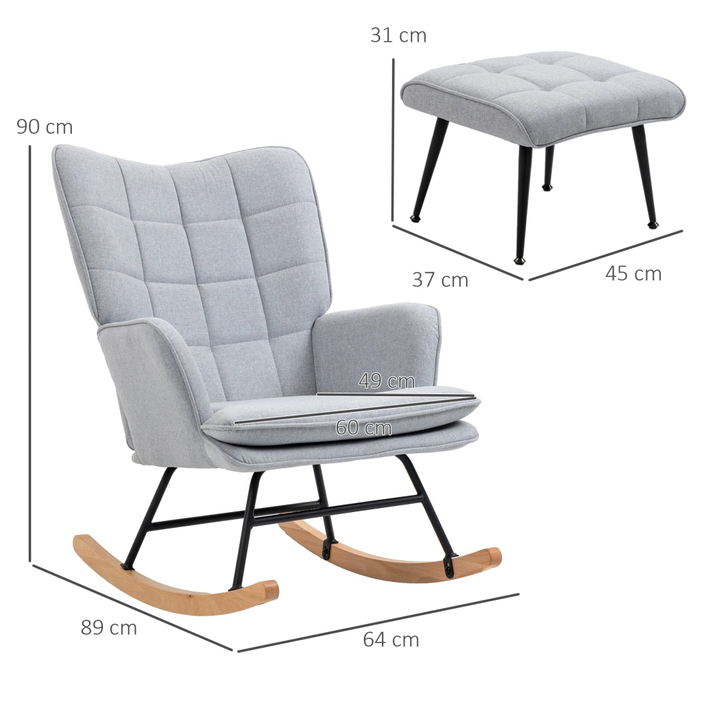 Poltrona Dondolo con Pouf ¨C Minimal ¨C Grigio, Legno, Tessuto, 64x89x90 cm