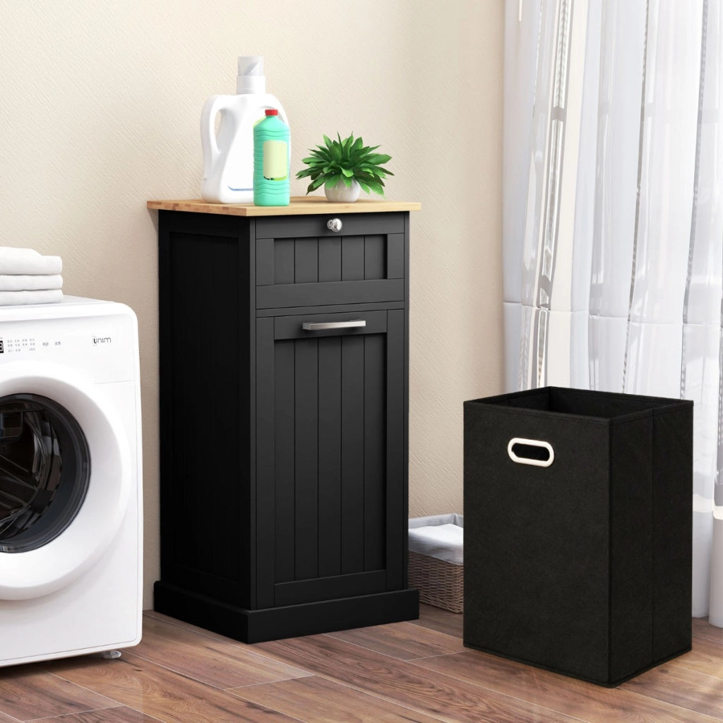 Mobiletto per lavanderia con cesto, Cesto per biancheria a ribalta autoportante con cassetto 40x37x82cm Nero-Cesti del bucato