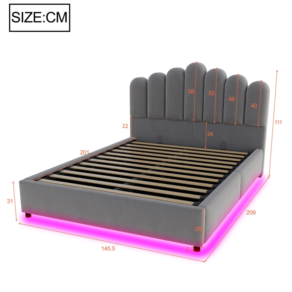 Letto matrimoniale 140x200 cm imbottito con contenitore idraulico; LED; velluto grigio