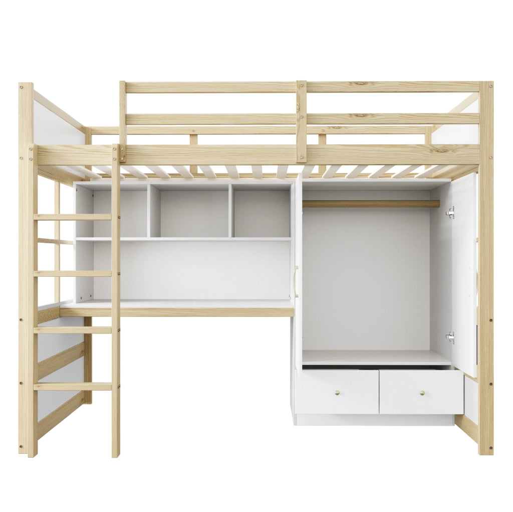 Letto a soppalco 90x200 cm con scrivania, armadio e cassetti