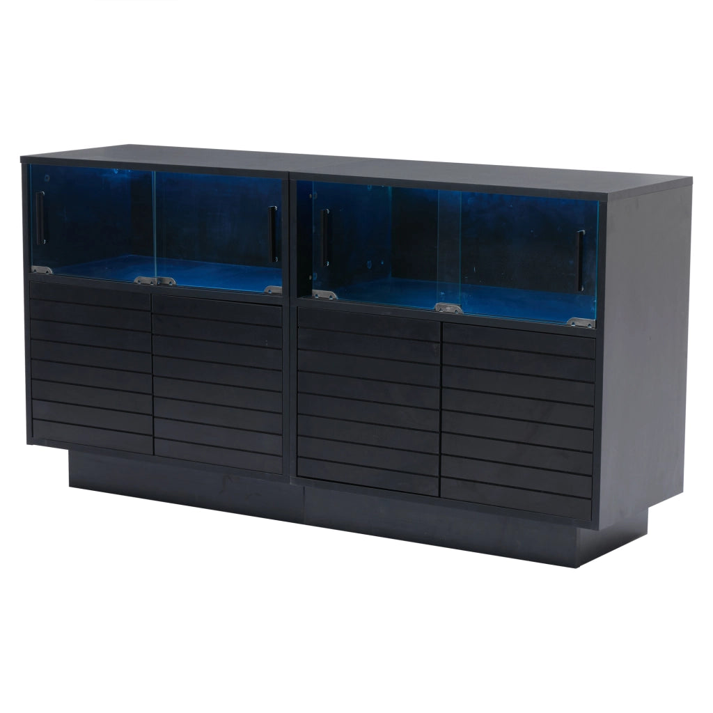 Credenza moderna con LED - Zephmum- 130x35x68cm- 2 ante, 4 ripiani, porte in vetro