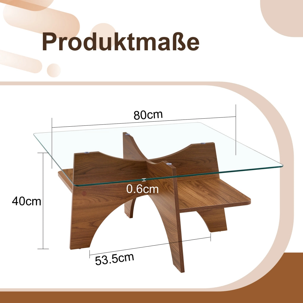 Tavolino/tavolino da caff¨¨ moderno di forma quadrata, realizzato in vetro temperato ¨C lati di 80 cm. Gambe in MDF con finitura effetto noce. Ideale pe
