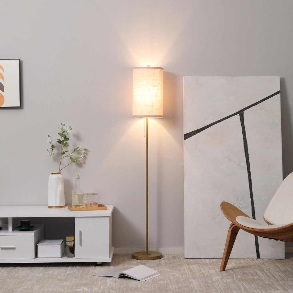 Lampada da terra elegante ¨C Xylo ¨C Acciaio con paralume in tessuto, interruttore a catena, oro e bianco