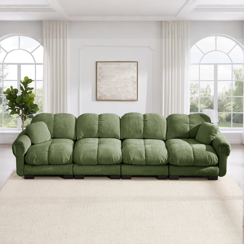 Divano modulare con cuscini trapuntati e cuscino piccolo, in Chenille, Verde 330 × 86 × 90 cm
