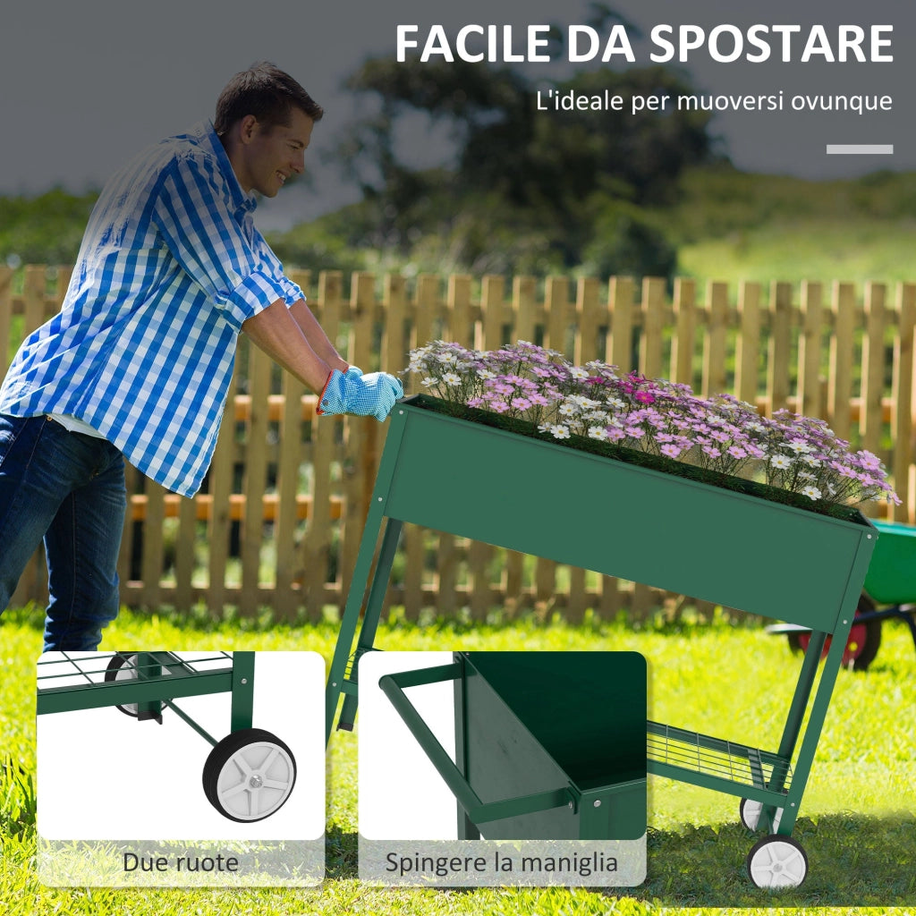 Fioriera da Esterno con Mensola Inferiore Portautensili 109x44x80 cm in Metallo Verde