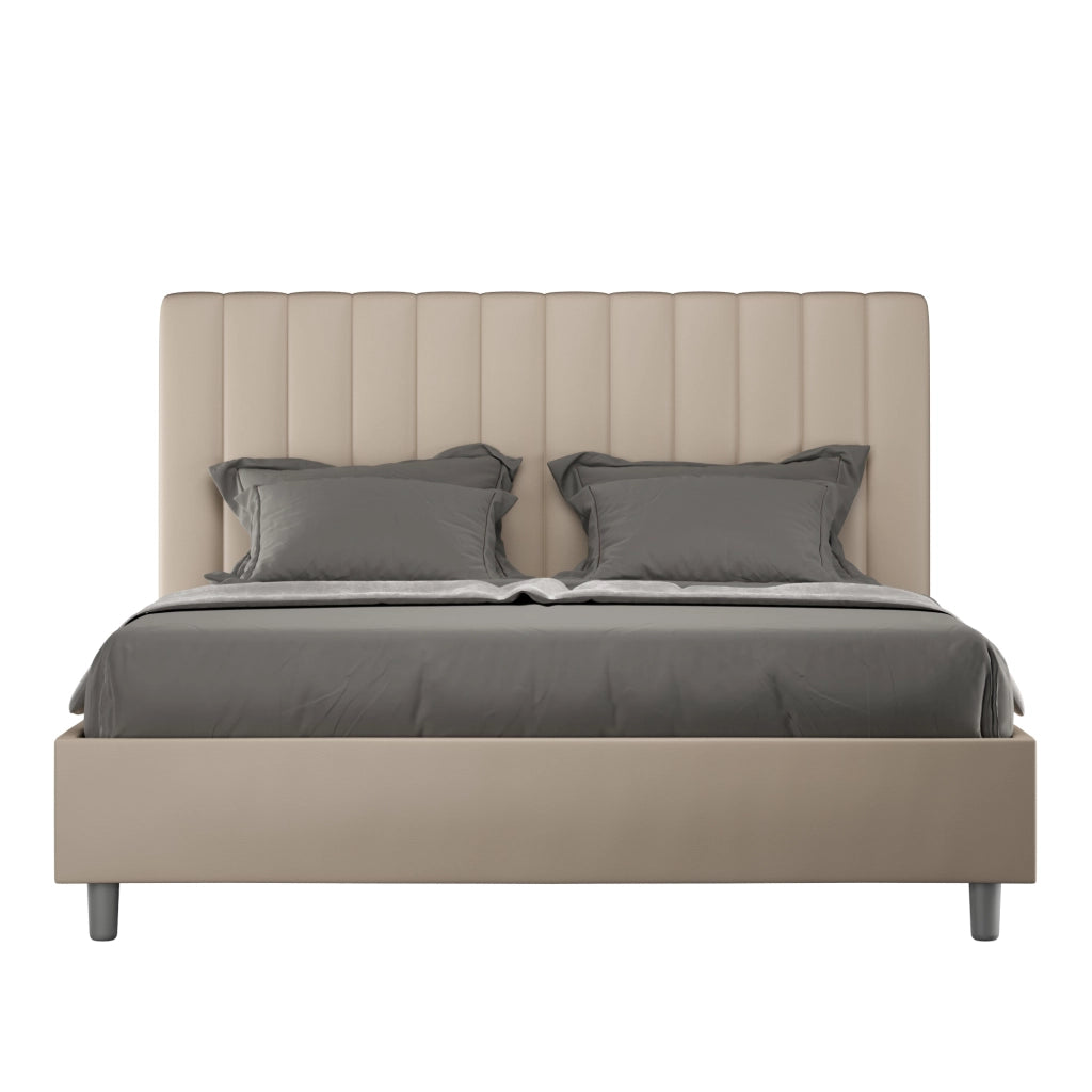 BS COM Letto matrimoniale francese con rete imbottito 140x200 similpelle tortora