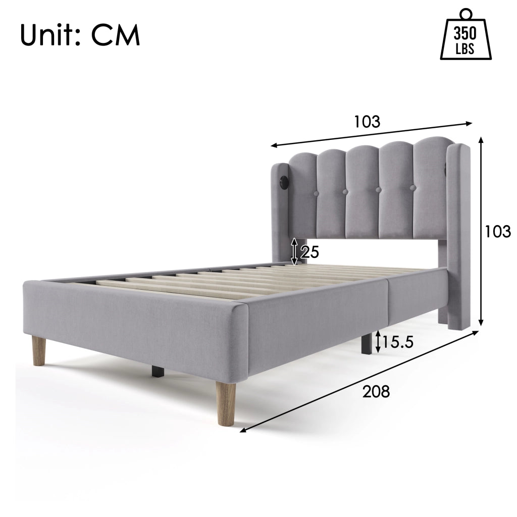 LETTO imbottito 90x200 cm grigio in lino con porta USB e USB-C