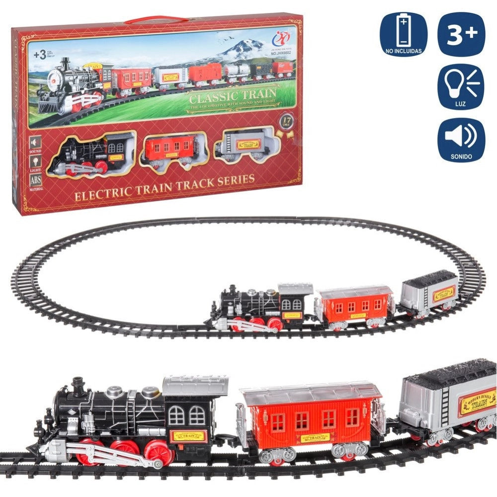 Trade Shop - Pista Treno Trenino Per Bambini 250cm Con Binari Locomotiva 2 Vagoni Luci Suoni -