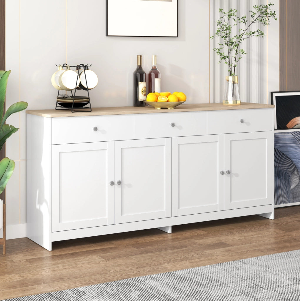 Credenza buffet rustica 160 cm con 4 ante; 3 cassetti e ripiani regolabili; bianco e legno