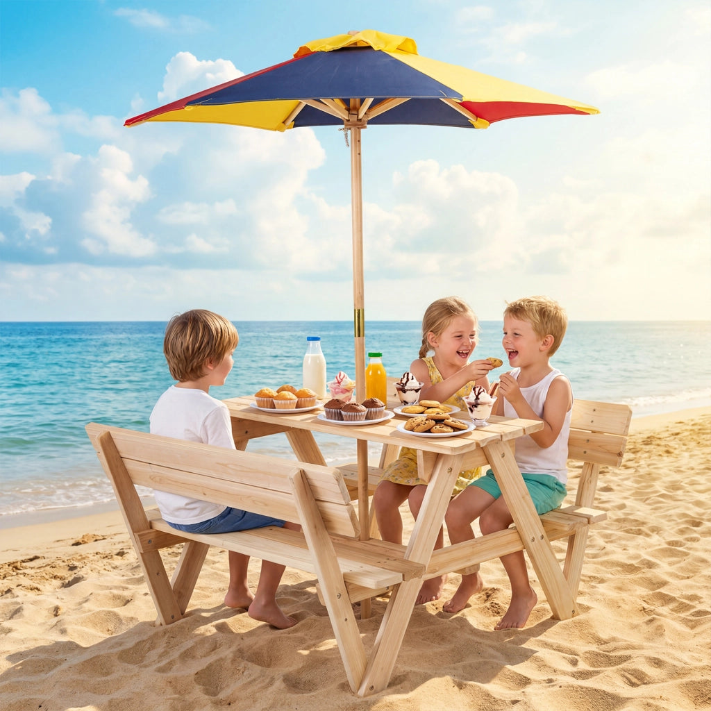 Tavolo da picnic per bambini  con ombrellone regolabile in altezza e struttura in legno massello, Set tavolo e panche da giardino