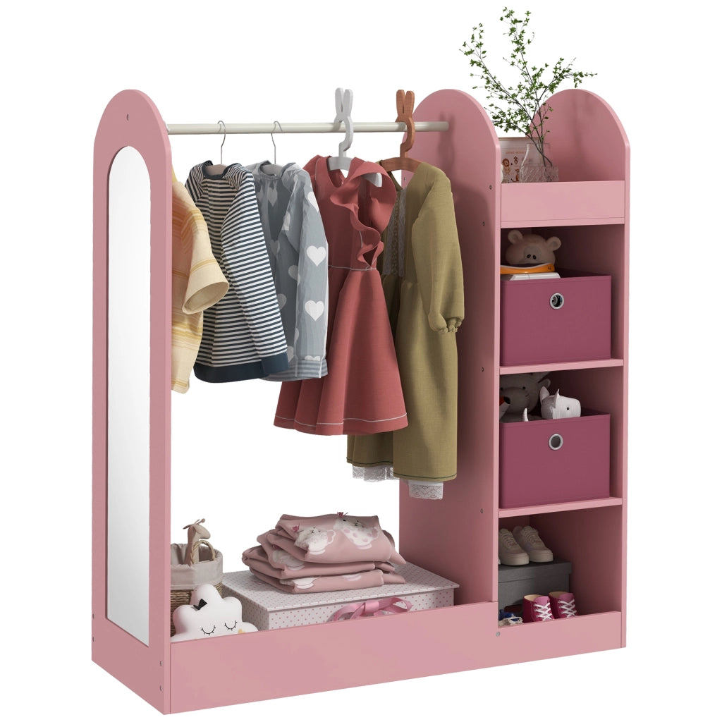 Armadio Bambini con Appendiabiti, Ripiani e Specchio ¨C Minimal ¨C Legno, Rosa