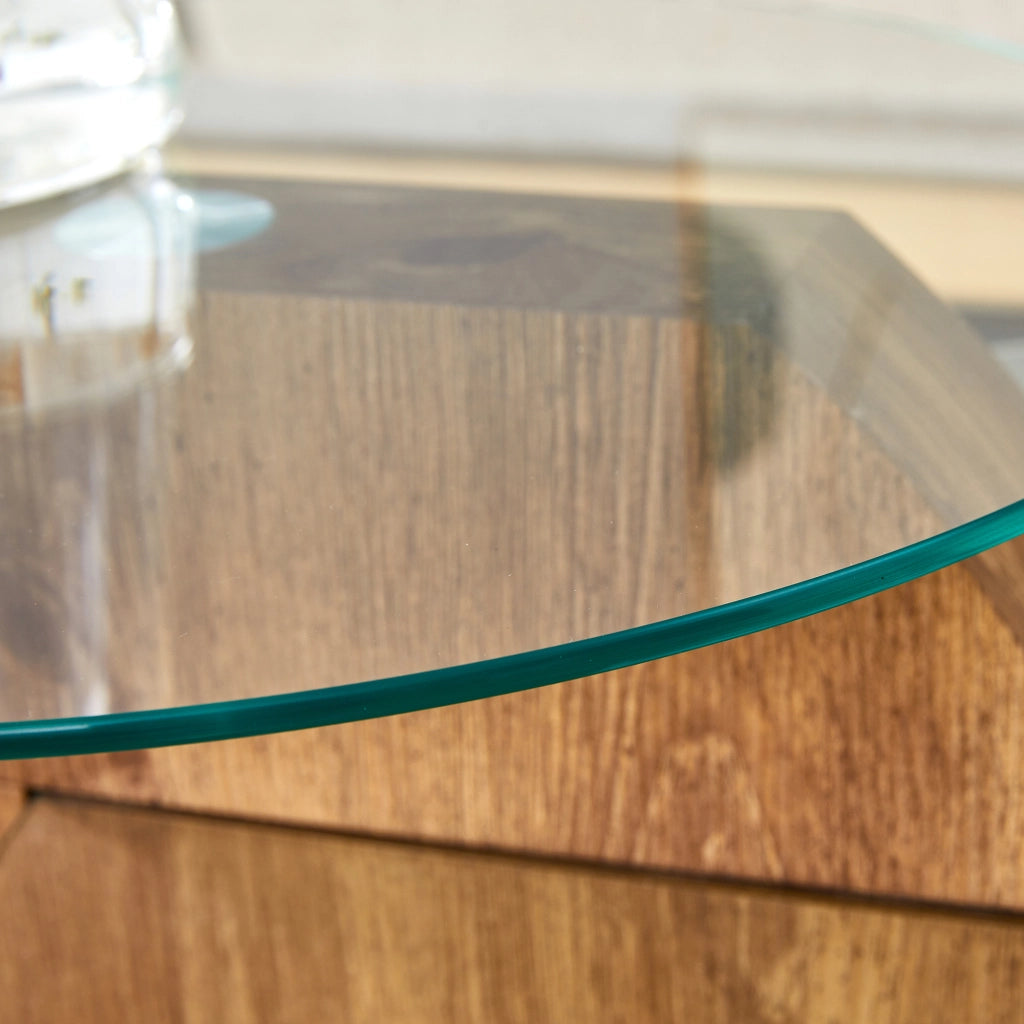 Tavolino da caffè moderno in vetro temperato e MDF con design multilivello