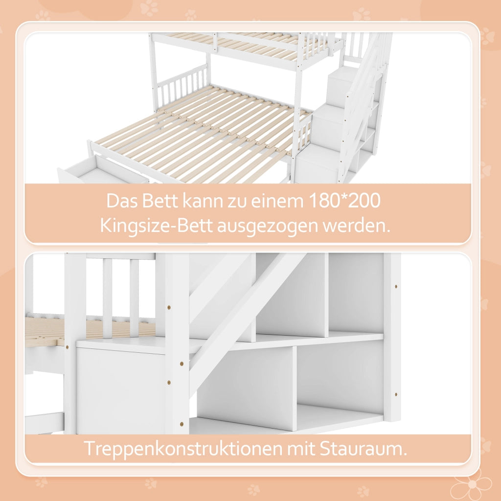 OKWISH Letto a Castello 90×200 cm e 180×200 cm, Letto 3 Posti con Letto Estraibile, 2 Cassetti e Ripiani, senza Materasso, Bianco