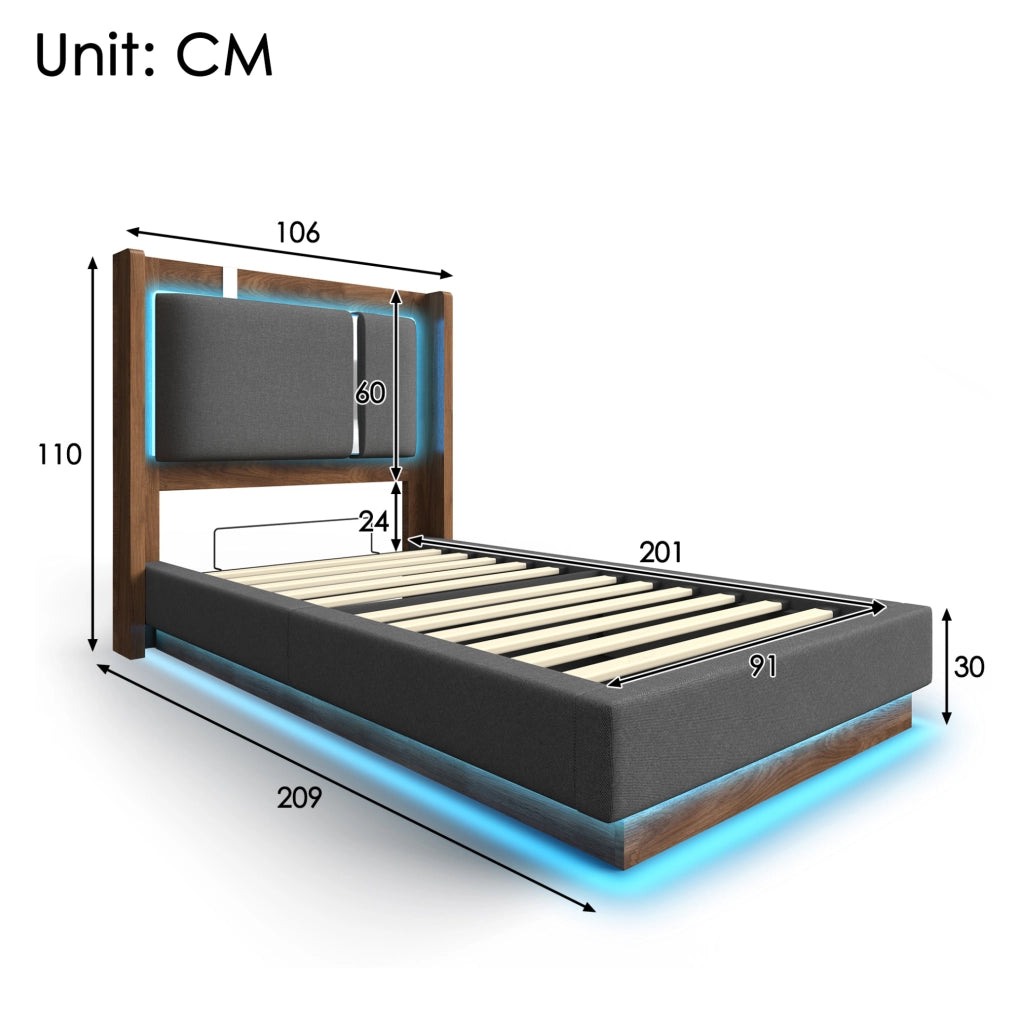 Letto imbottito 90x200 con LED, vano contenitore e rete a doghe