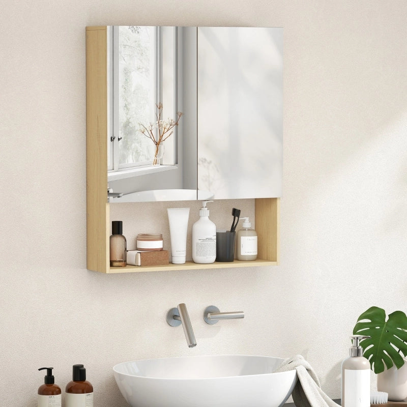 Mobile da bagno, ante a specchio, ripiano aperto, montaggio a parete, MDF, truciolato, rovere