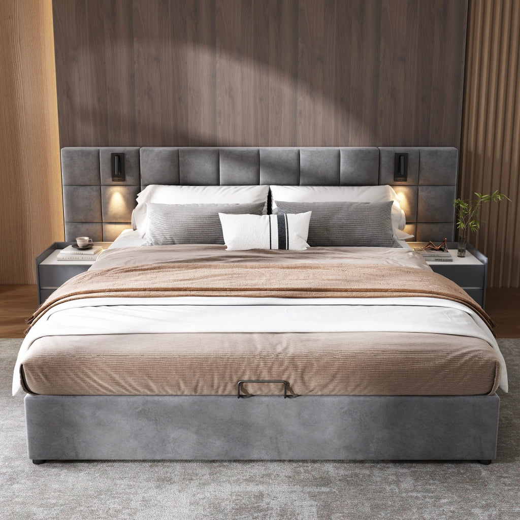 OKWISH Letto Contenitore 180×200 cm, Letto Matrimoniale con Contenitore, Lampada da Lettura Regolabile e USB, senza Materasso, Acciaio, Grigio