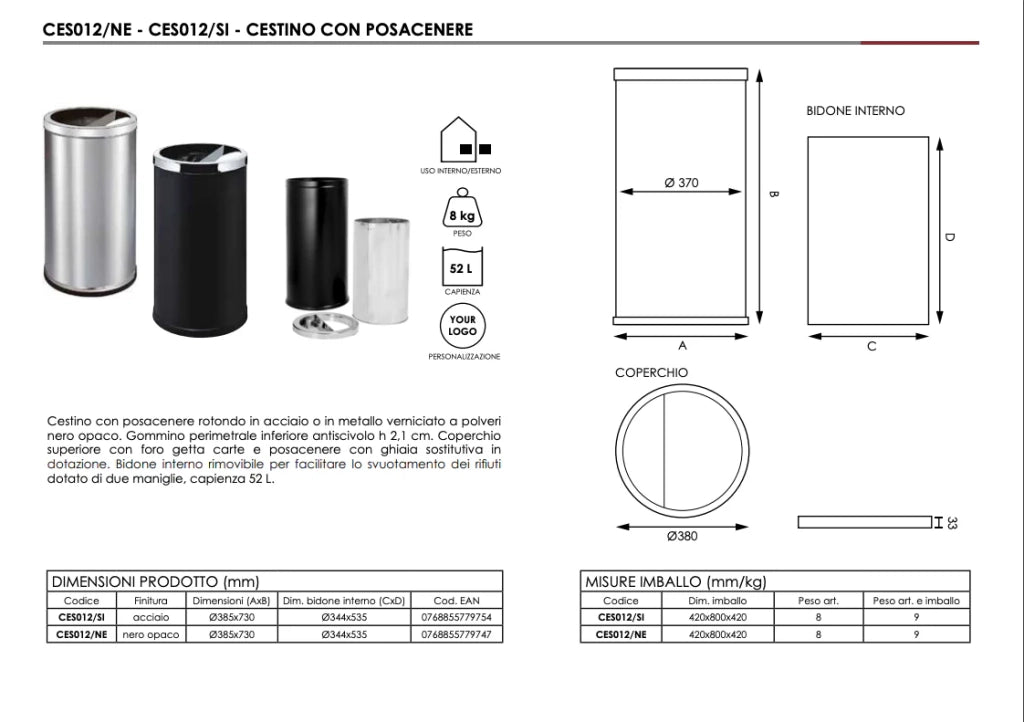 Cestino gettacarte da esterno con semicoperchio - Silver