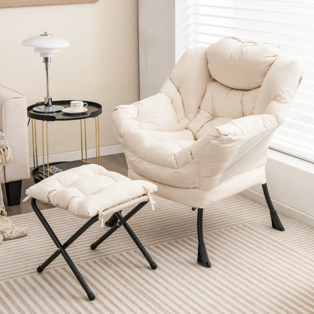 Poltrona pigra con cuscino braccioli tasca laterale poggiapiedi, Poltrona da lettura moderna Beige-Sedie e poltrone