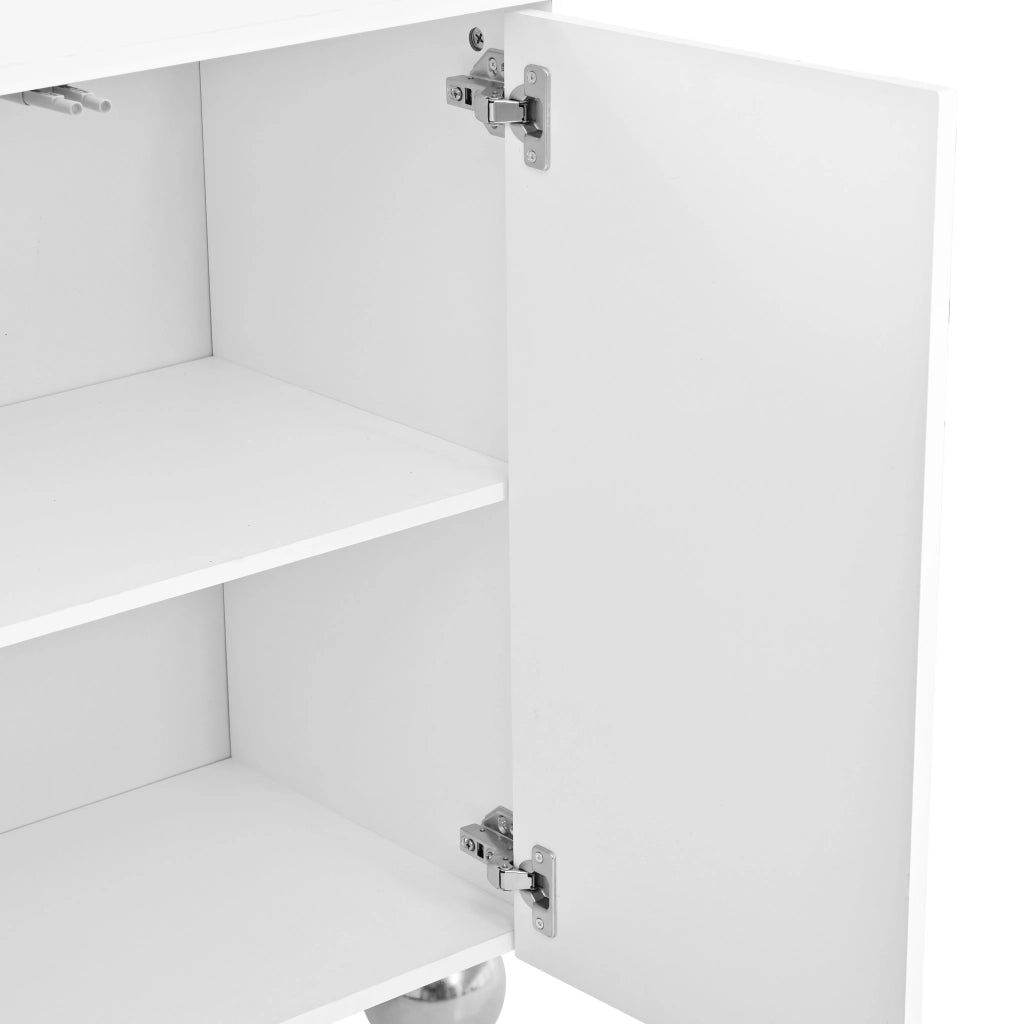 Credenza, mobile contenitore, ante con decorazioni ad arco in filo d’oro, piedini metallici sferici, bianco